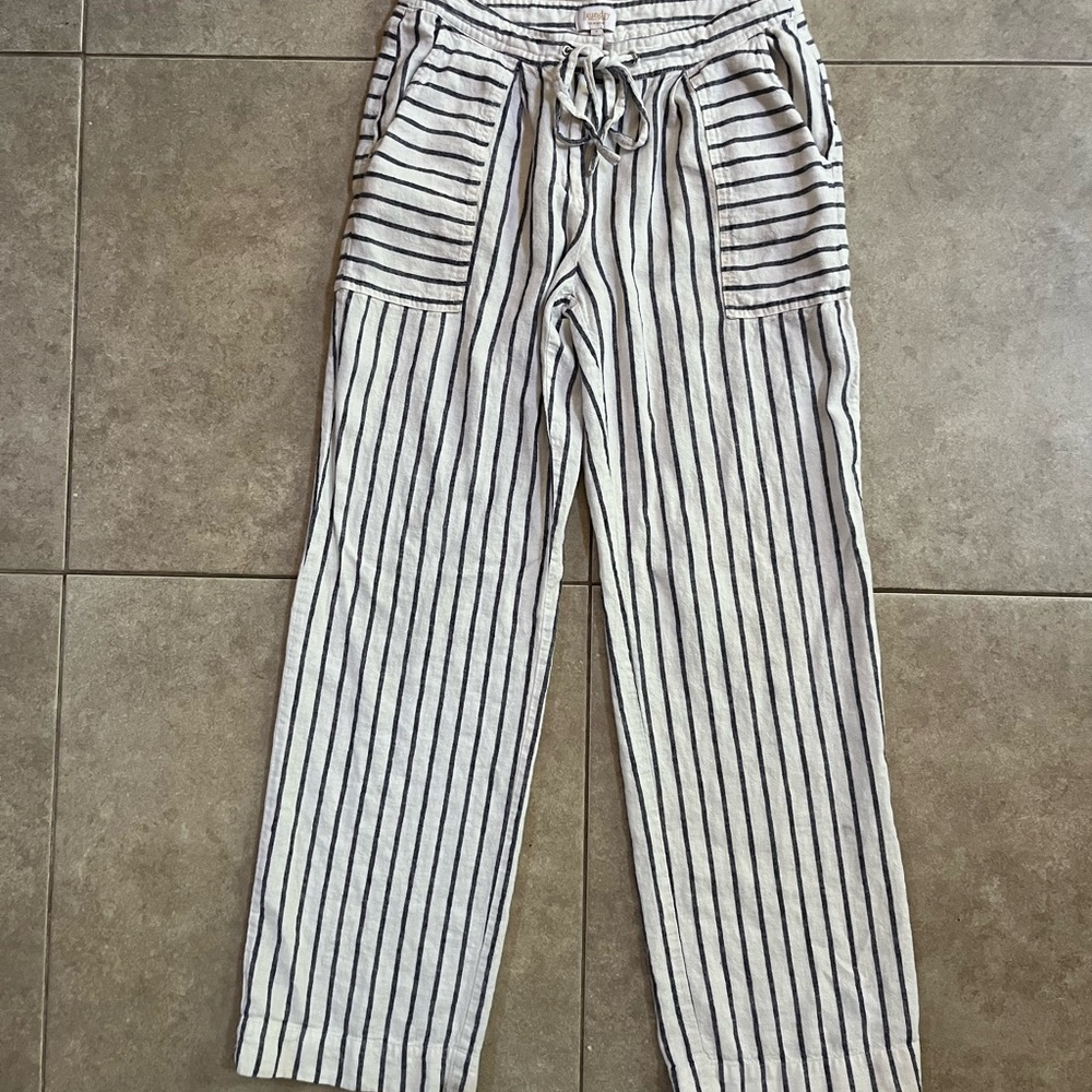 Laundry by Shelli Segal Blue White Striped Wide Leg Linen Beach Pants Women 4